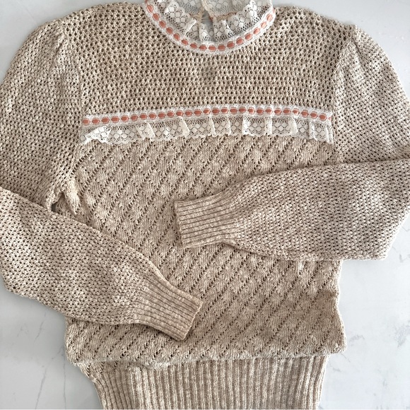 Vintage 70s Cotton Crochet Sweater 10 Lace Ribbon - Picture 2 of 7